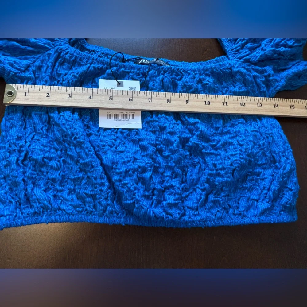 ZARA Cobalt Blue Textured Balloon Puff Sleeve Crop Top Boho Size Large NWT - Picture 10 of 11